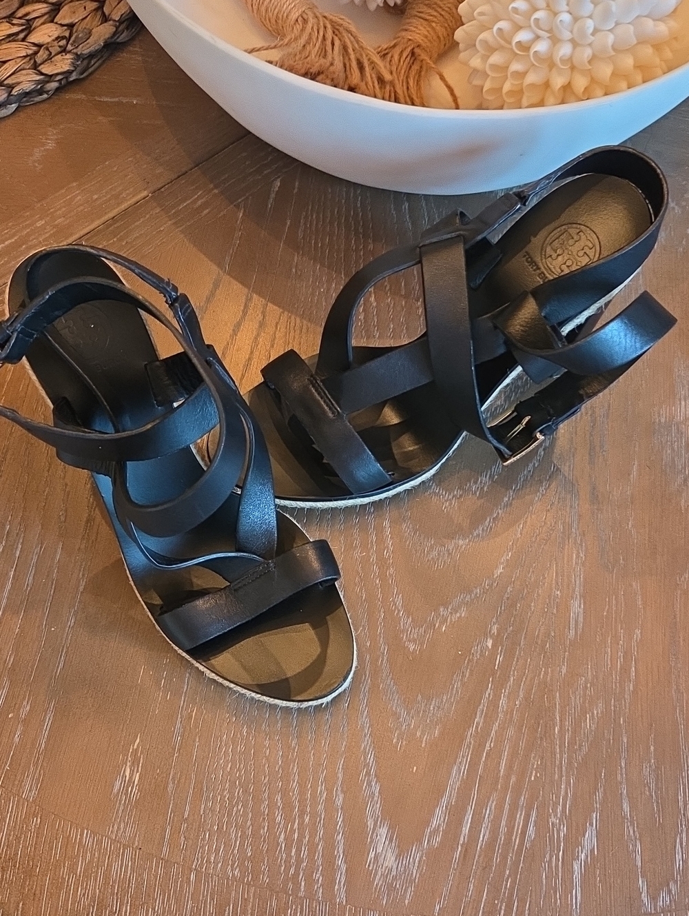 Tory Burch Black Leather Strappy Wedge Sandals
